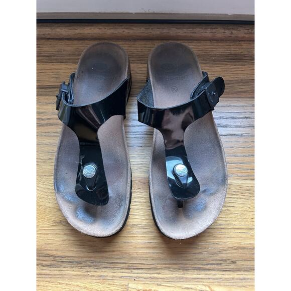 Scholl Black patent Thong Toepost Sandal BIOPRINT EUR 36 Size 5.5 - Picture 1 of 9